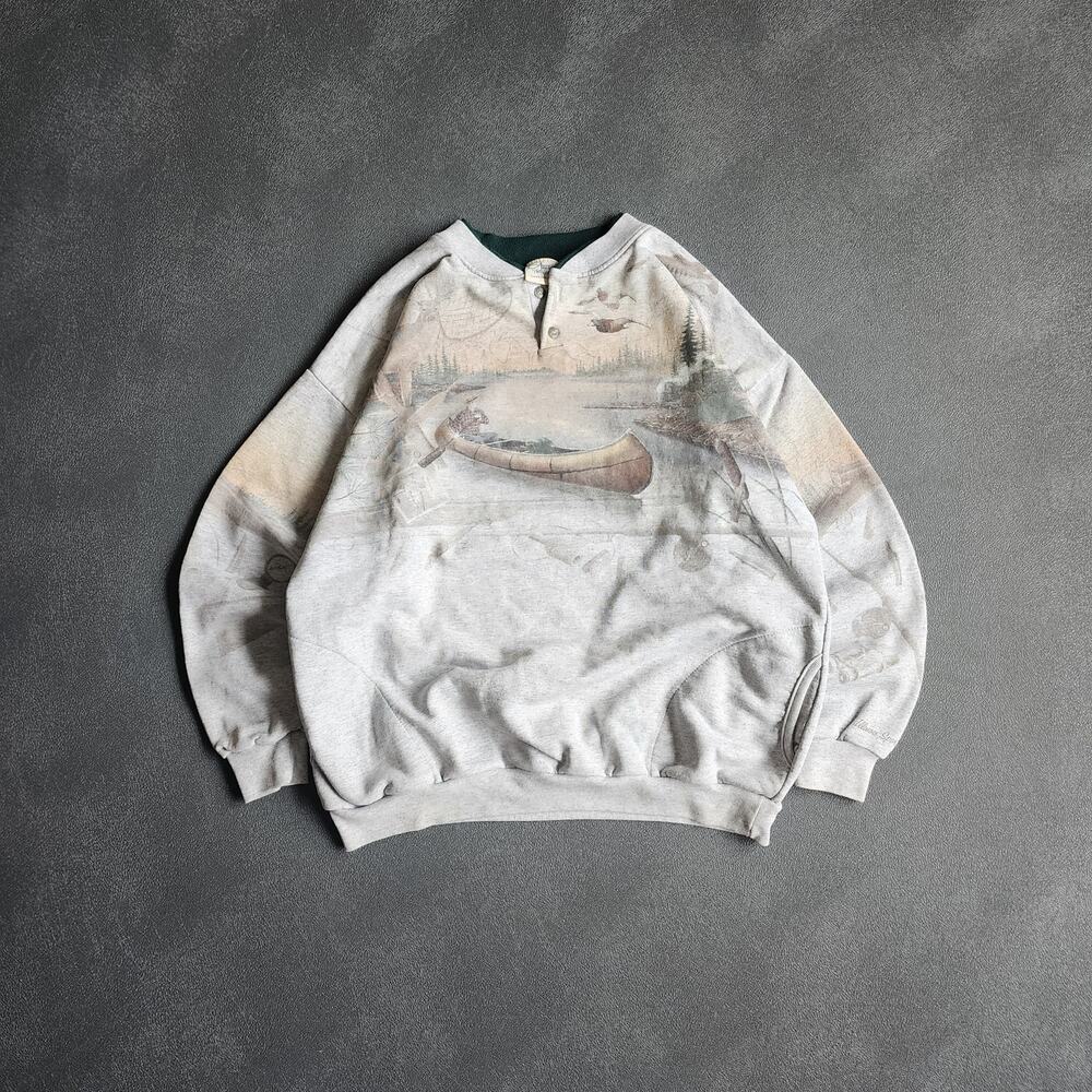 American Vintage Light Gray Crewneck with Pastel Canoe Scenic Print